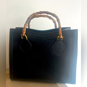 Gucci GG Diana Classic Bamboo Brushed Gold Hardware Handle Leather Black Tote